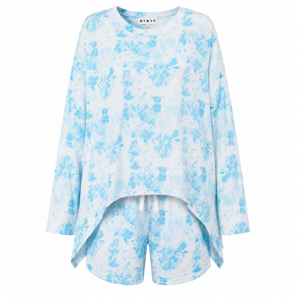 Kikit Lounge Set Large Aqua Tie Dye NEW 2pc‎ High-Low Top & Shorts Loungewear